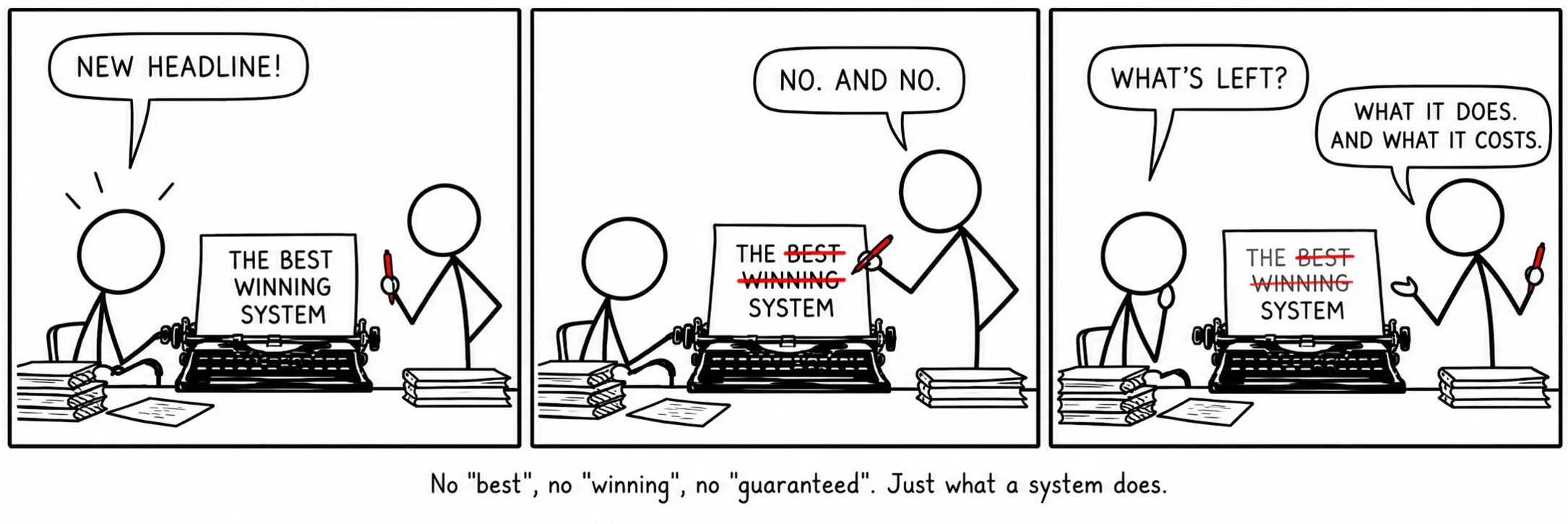 Intet »bedst«, intet »vinder-«, intet »garanteret«. Kun hvad et system gør.